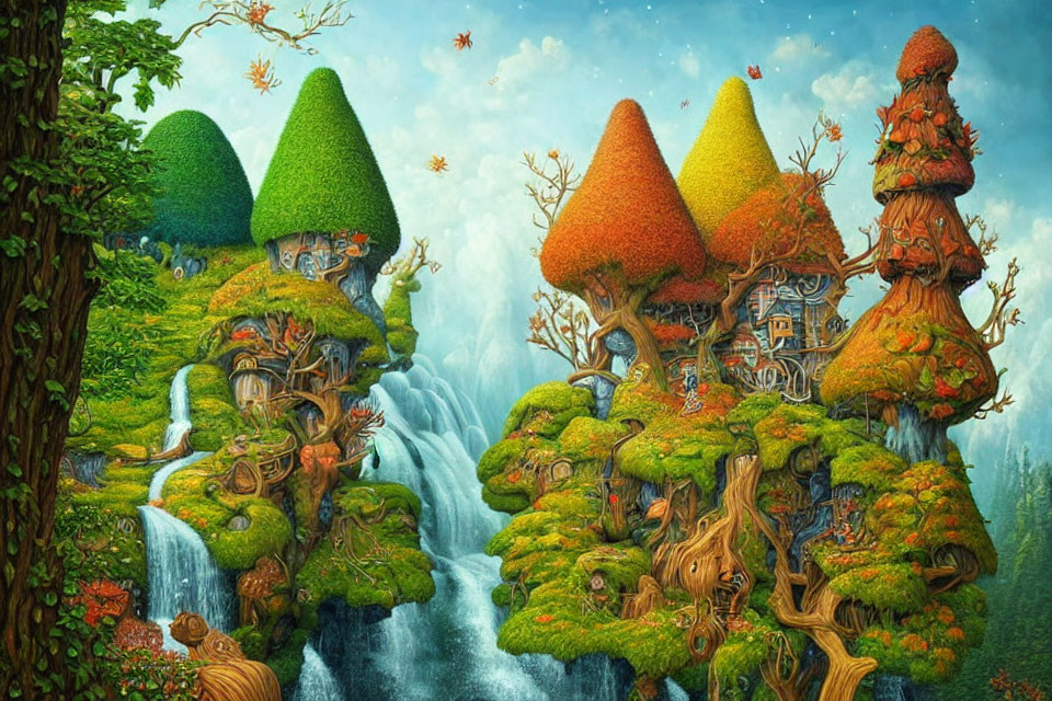 Vibrant fantasy landscape with tree-shaped houses and waterfalls