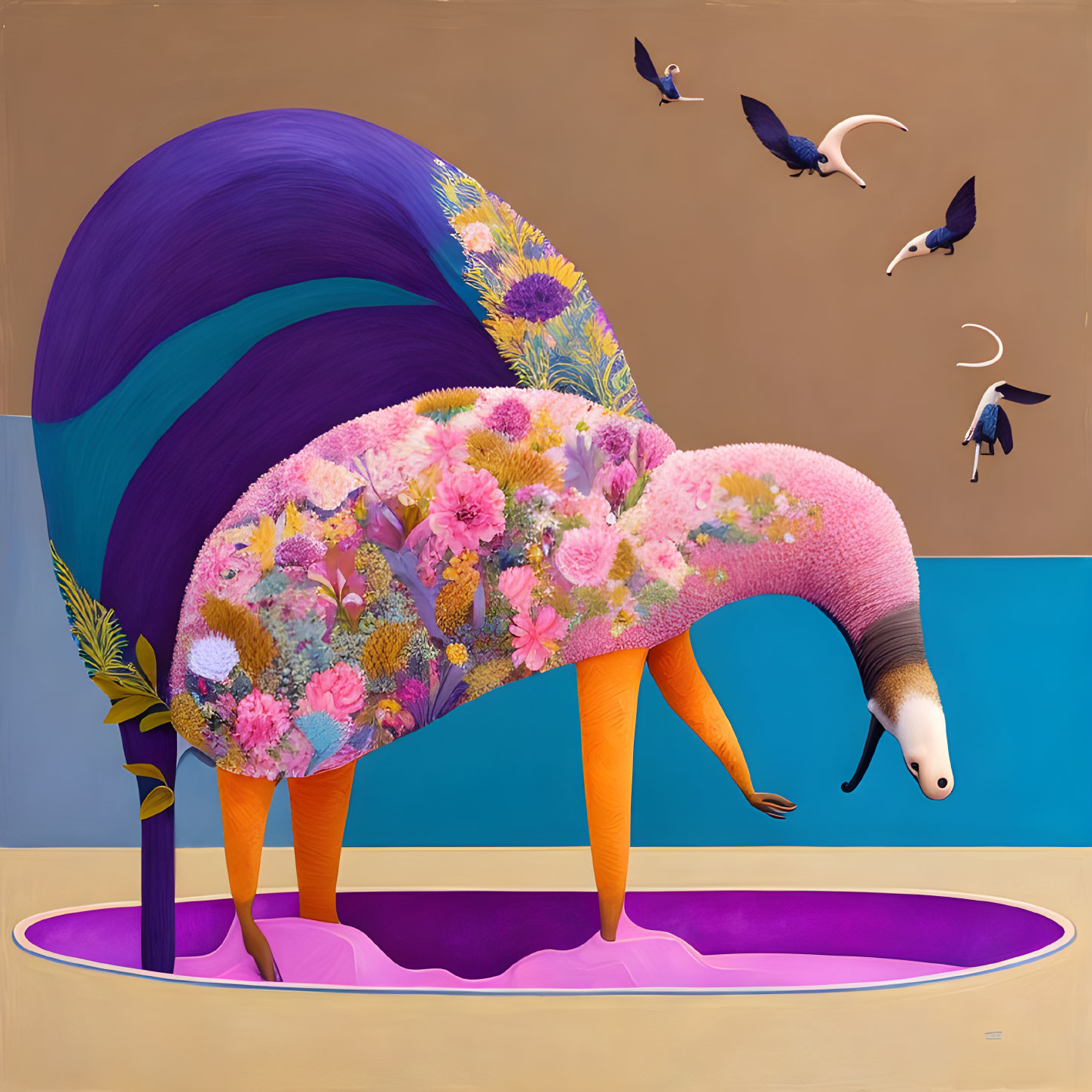 Surreal flamingo with floral body near purple portal in colorful setting