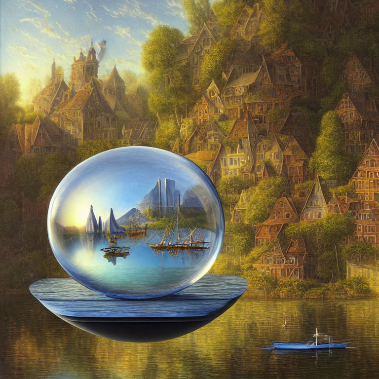 Surreal landscape with hillside houses and boats in clear sphere