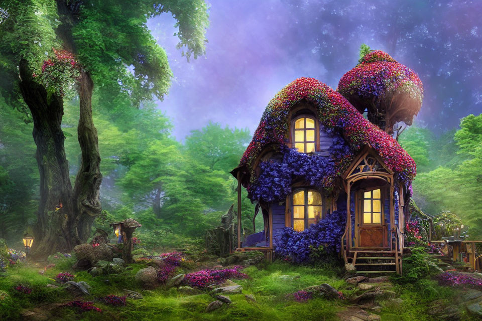 Purple Flower-Covered Cottage in Enchanting Forest Clearing