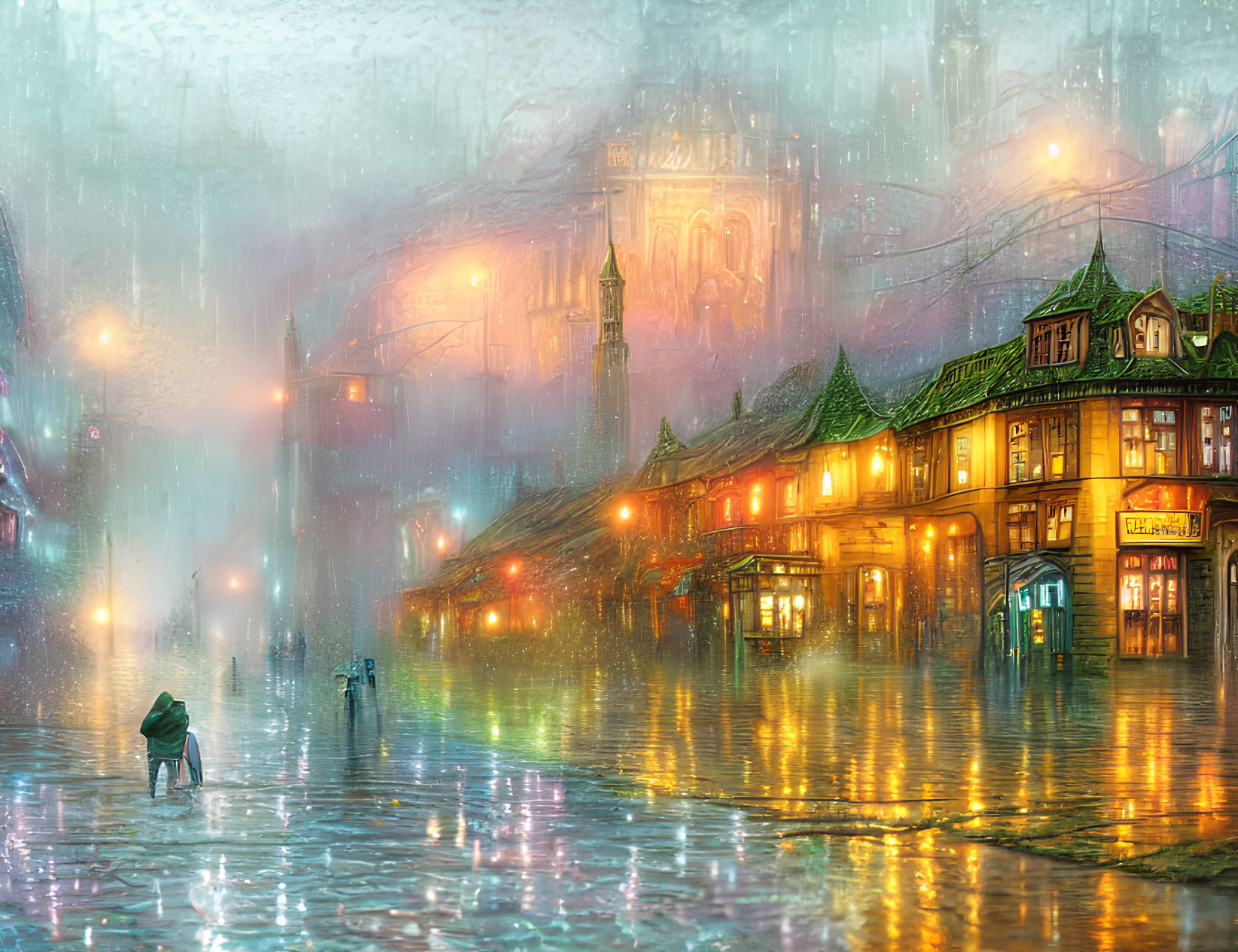 Person with umbrella strolling on rain-soaked street under misty sky