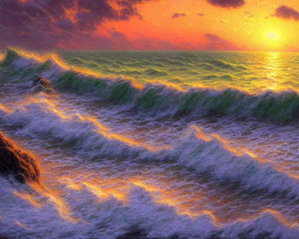 Scenic sunset over rough sea with orange sky & foamy waves