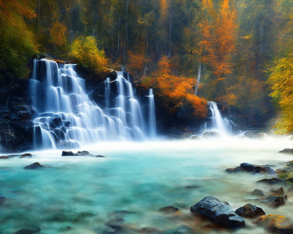 Autumn Waterfall Scene with Turquoise Pool and Mist