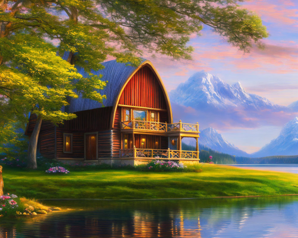 Tranquil lakeside scene with wooden house, mountains, and sunset