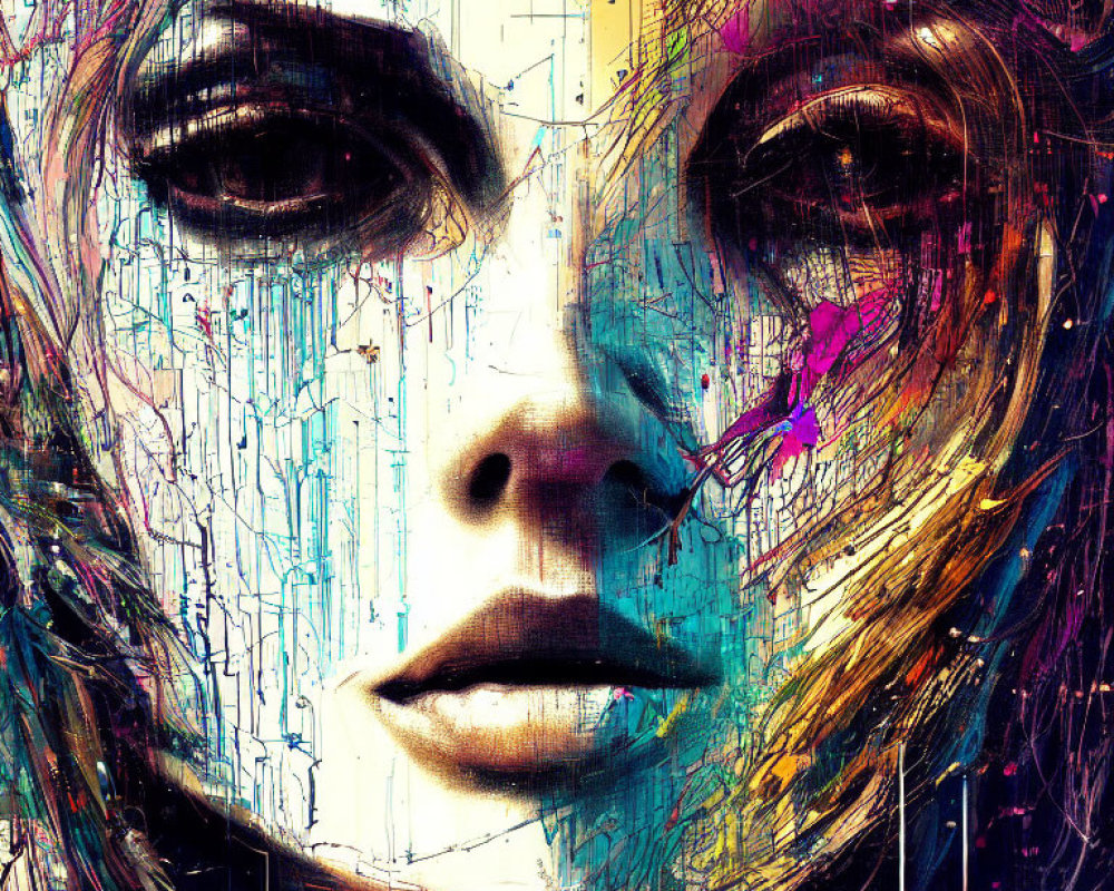 Colorful abstract painting of a woman's face with dripping paint effect