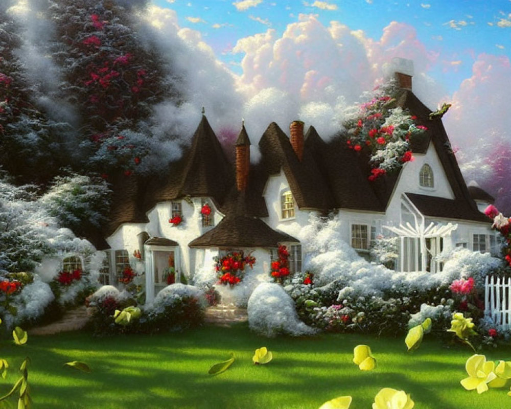 White-walled cottage surrounded by gardens and flowers under clear sky