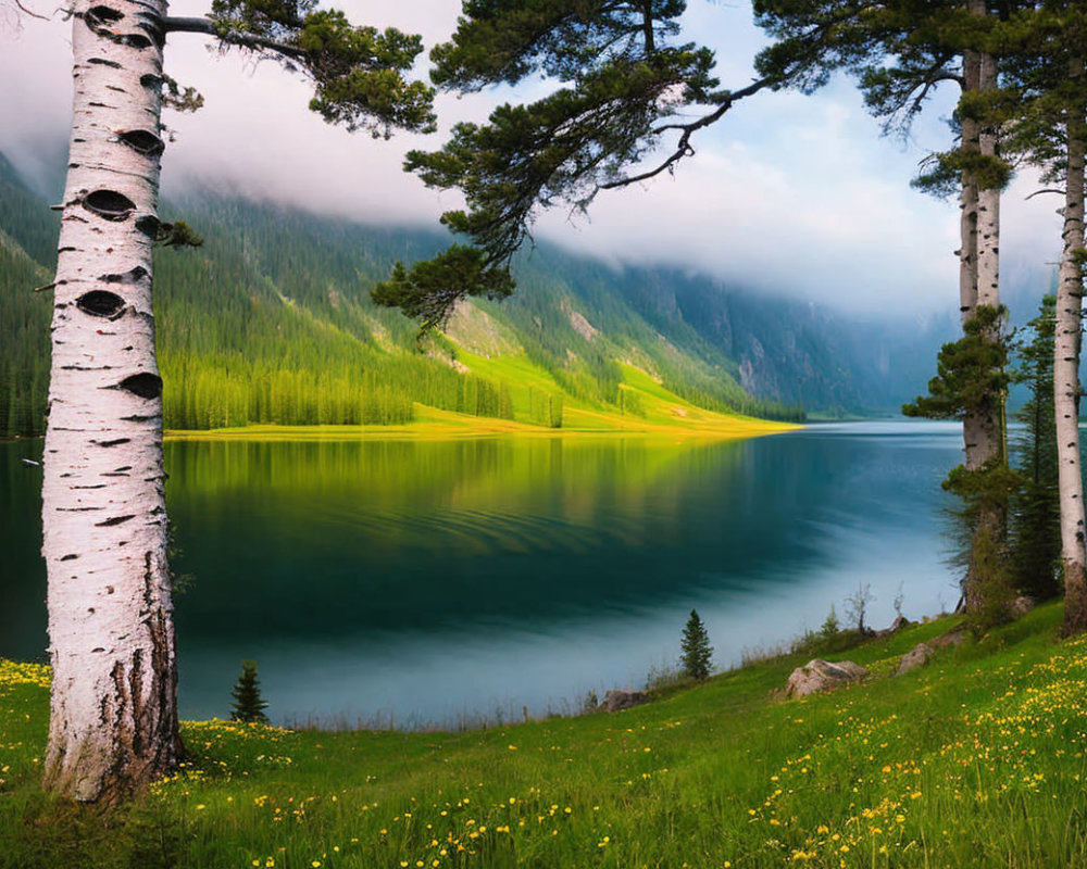 Tranquil mountain lake with birch trees and misty skies