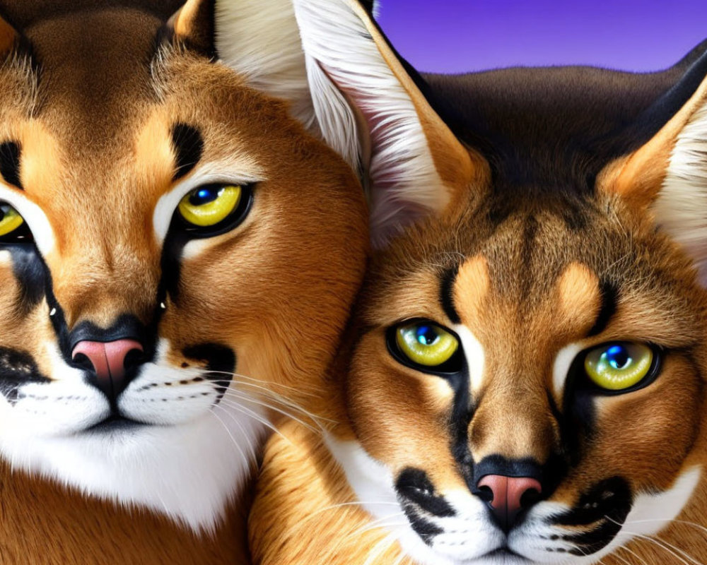 Realistic illustrations of caracals with amber eyes and tawny fur on purple background