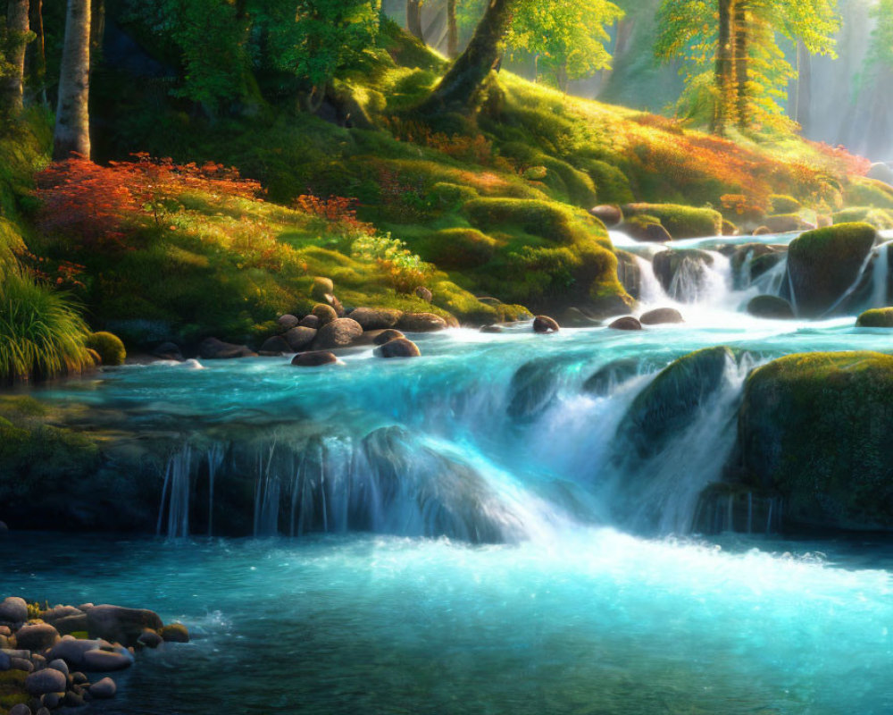 Tranquil waterfall in lush forest with moss-covered stones