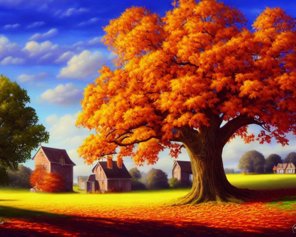 Colorful autumn landscape with large orange tree and quaint houses under clear blue sky