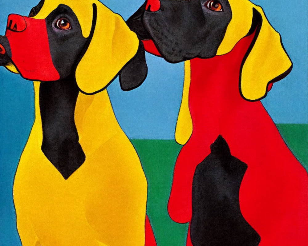 Vibrant Pop Art Painting of Two Dogs in Red, Yellow, and Blue Tones