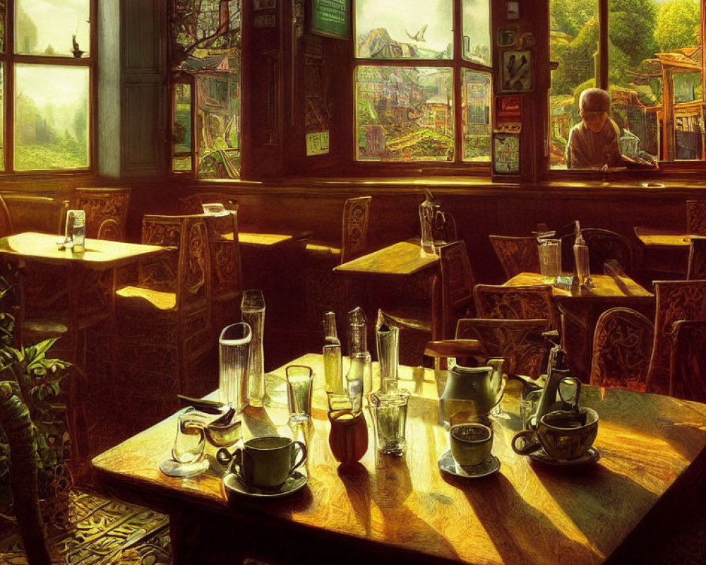 Cozy cafe interior with elderly person by window and amusement park view