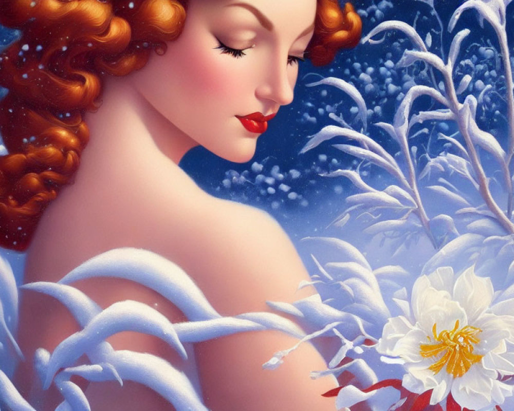 Illustrated portrait of woman with red hair in snowy floral backdrop