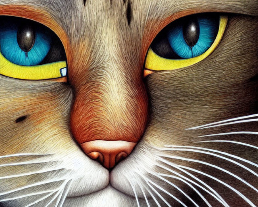 Detailed Cat Face Illustration with Blue Eyes and White Whiskers