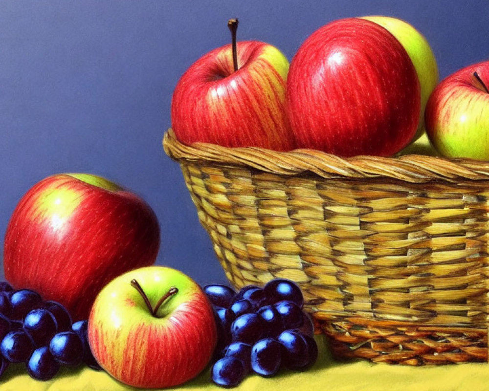 Still Life Painting with Red and Green Apples, Grapes, and Wicker Basket