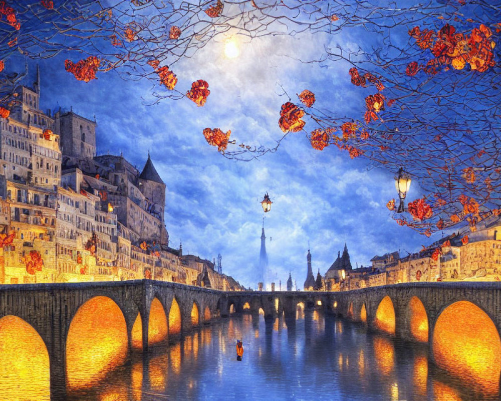 Stone bridge with glowing arches over river at night, medieval buildings, moonlit sky.