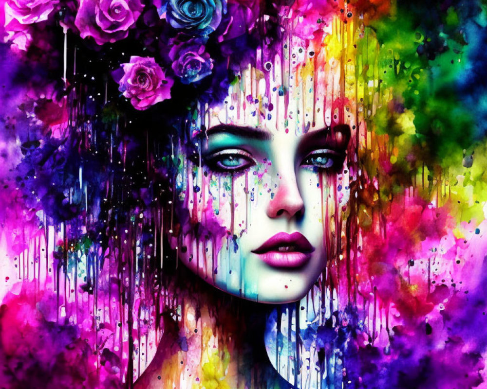 Colorful Woman's Face Artwork with Dripping Paint and Roses