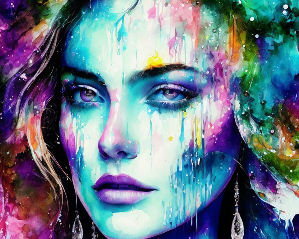 Colorful Watercolor Portrait of Intense-Eyed Woman