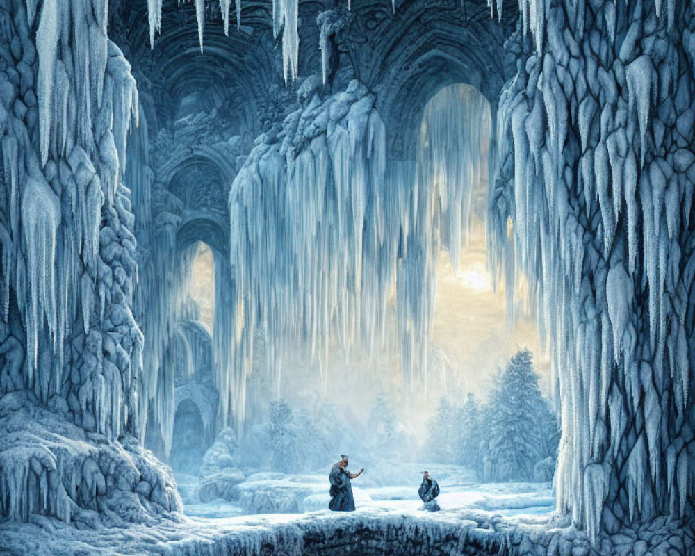 Snowy bridge in mystical frozen cavern with icicle formations and stone arches