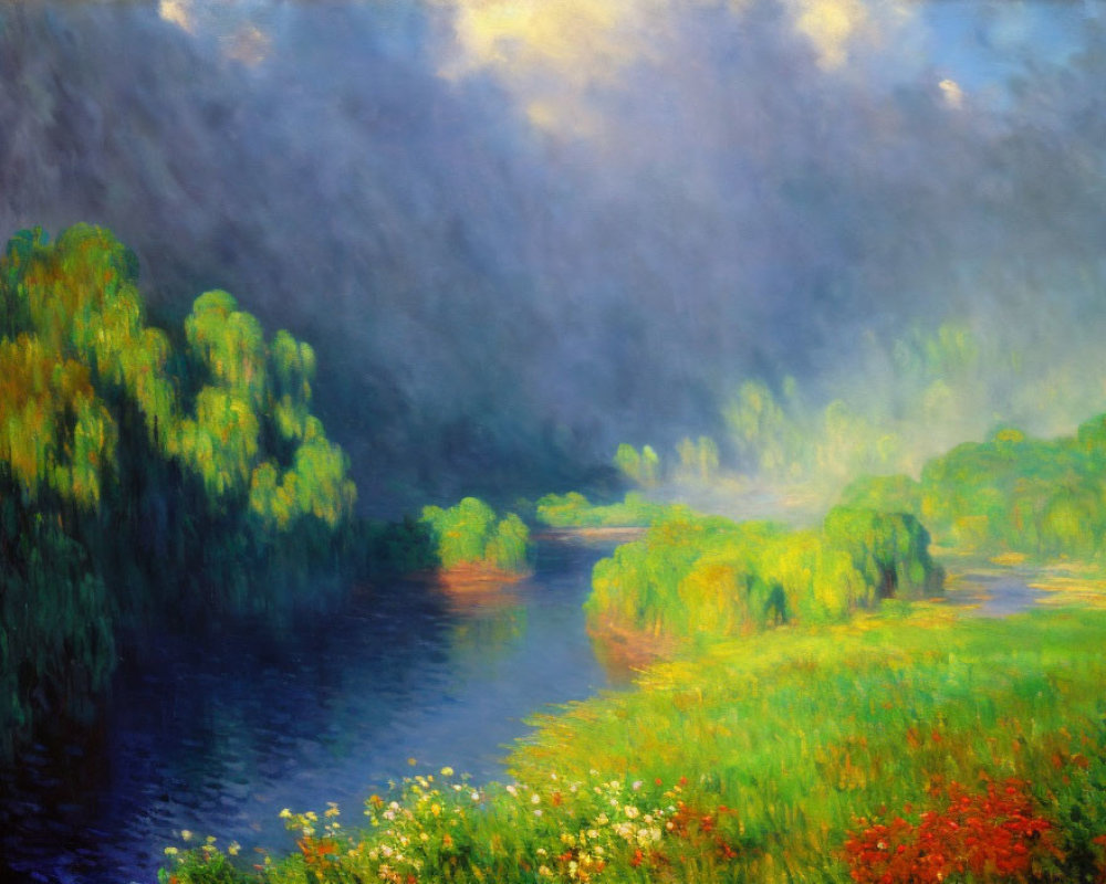 Tranquil river painting with lush trees, wildflowers, and cloudy sky