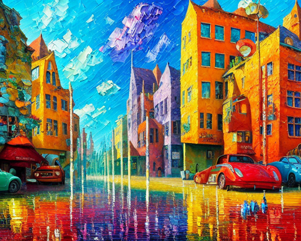 Colorful cityscape with rain, umbrellas, vintage cars, and picturesque buildings in wet street.