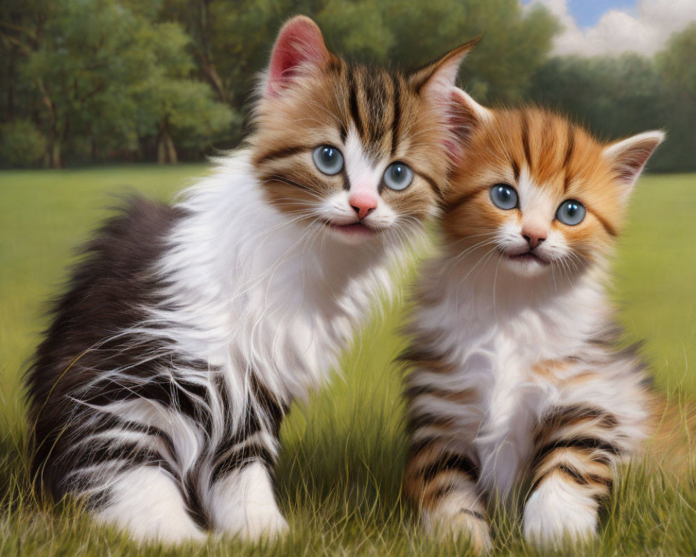 Fluffy kittens with blue eyes in grassy field with trees and sky