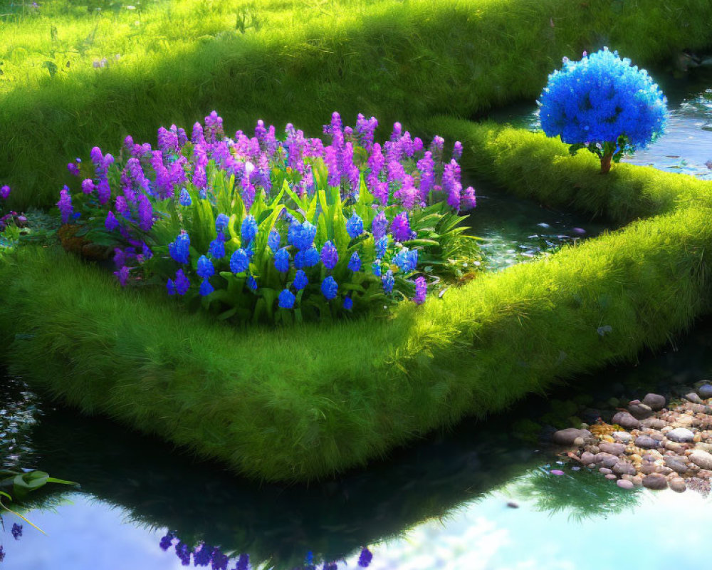 Lush garden with colorful flowers, serene pond, and unique blue-leaved tree