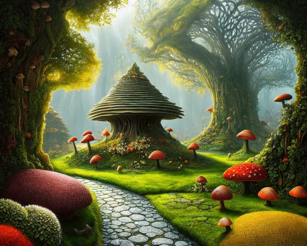 Enchanting forest scene with cobblestone path, mushroom house, red mushrooms, green trees