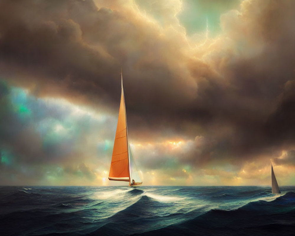 Sailboats in turbulent seas under dramatic sky