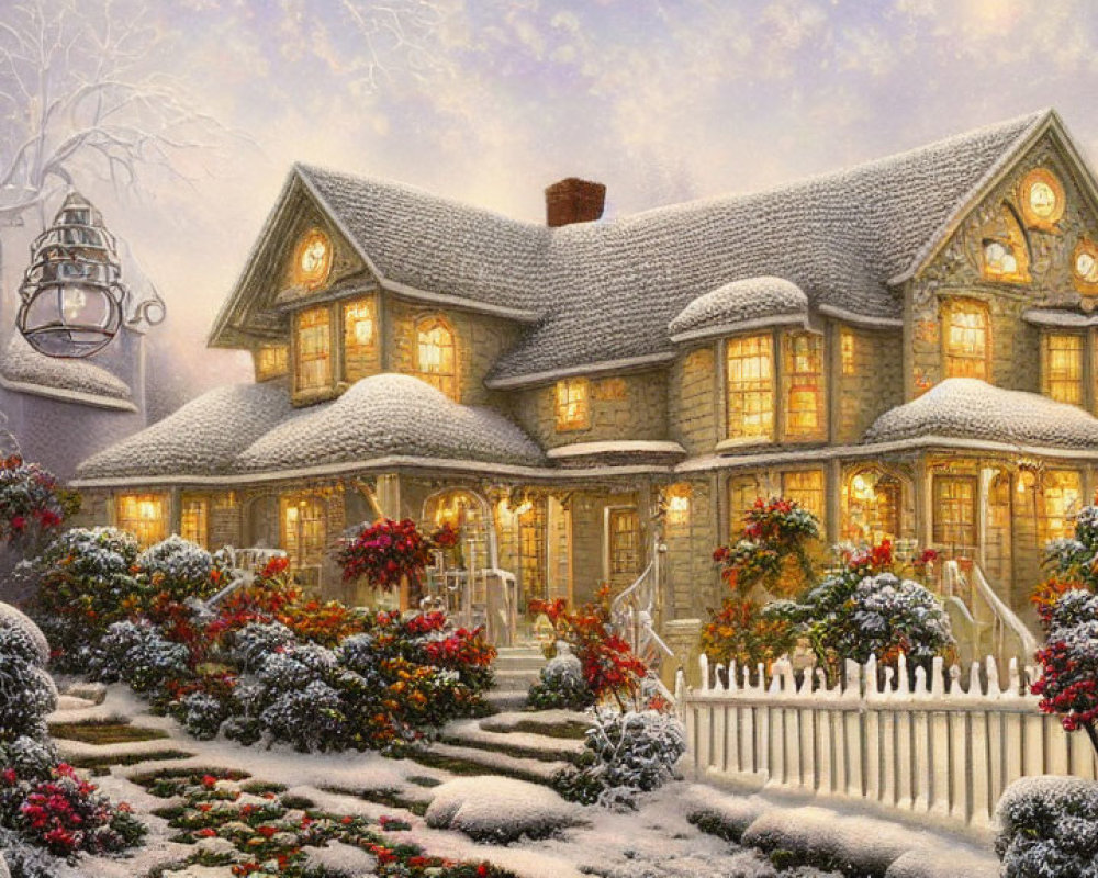 Snowy Landscape: Cozy Two-Story House with Illuminated Decor and Falling Snowflakes