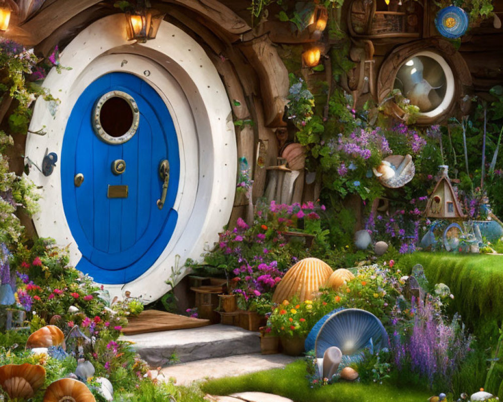 Round Blue Door in Green Hillside with Vibrant Flowers and Whimsical Decorations