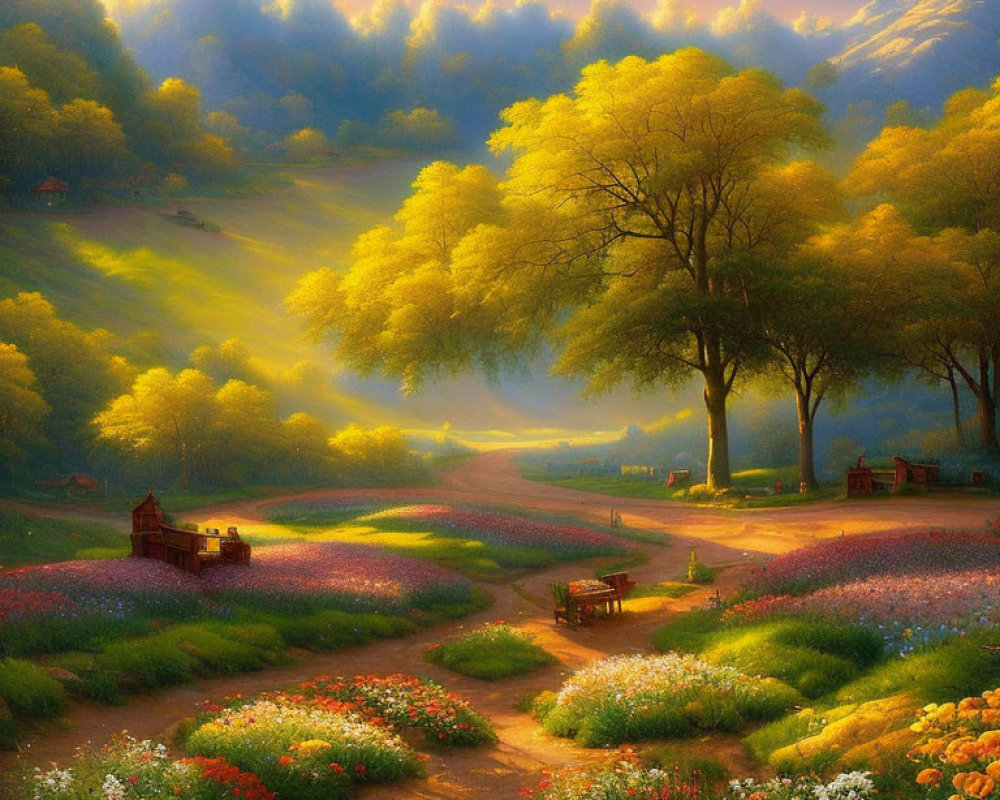 Tranquil landscape with sunlit path, vibrant flowers, lush trees