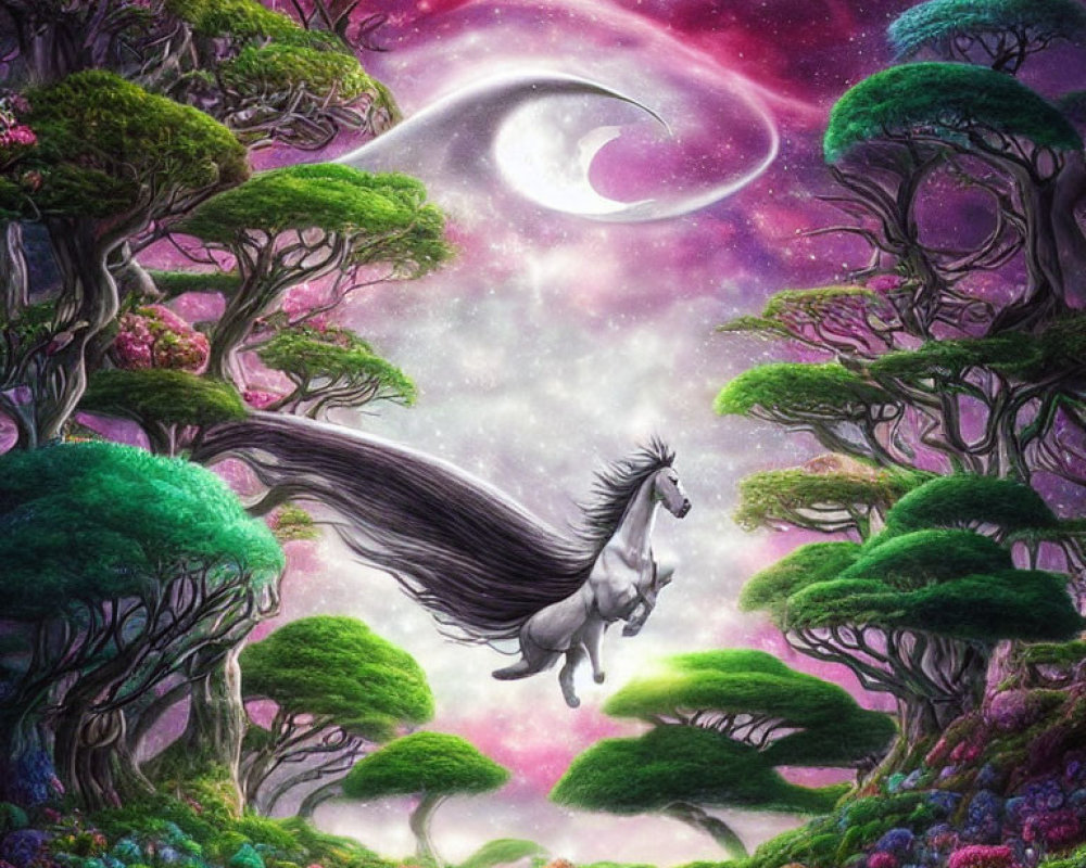 Fantasy illustration: rearing unicorn under crescent moon in vibrant forest