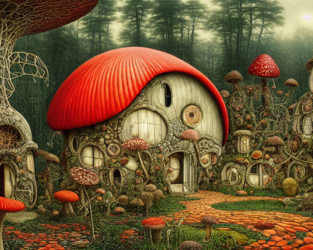 Enchanting forest with mushroom houses, cobblestone path & lush vegetation