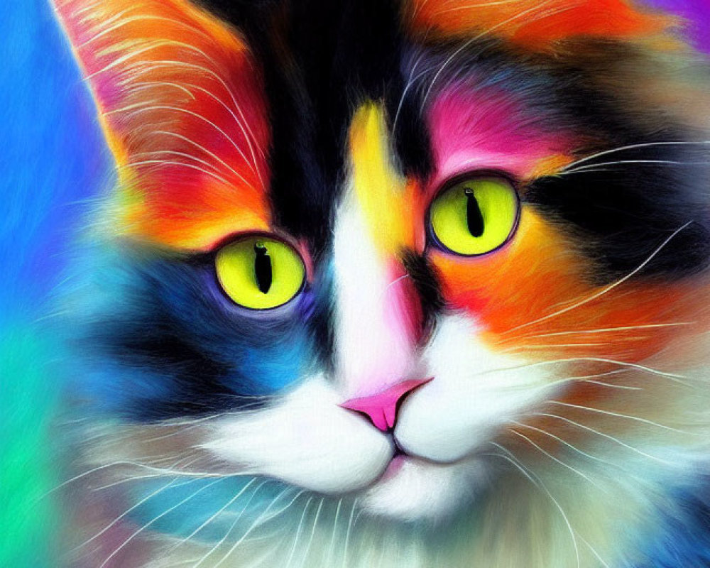 Colorful Digital Painting of Cat with Yellow Eyes and Rainbow Background