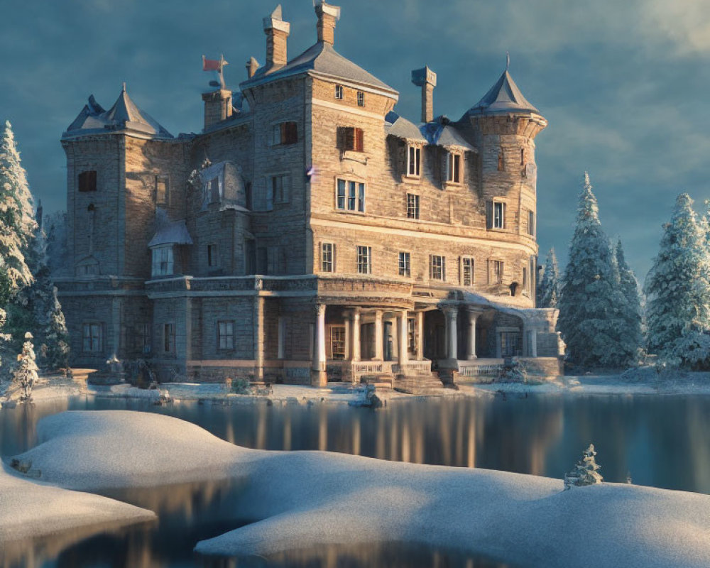 Snow-covered stone castle in winter landscape with frozen lake and frosty trees