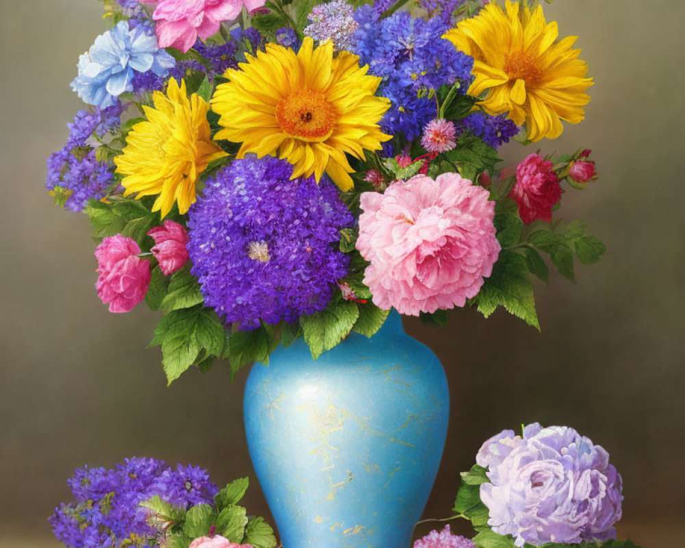 Assorted Flowers Bouquet in Blue Vase on Muted Background