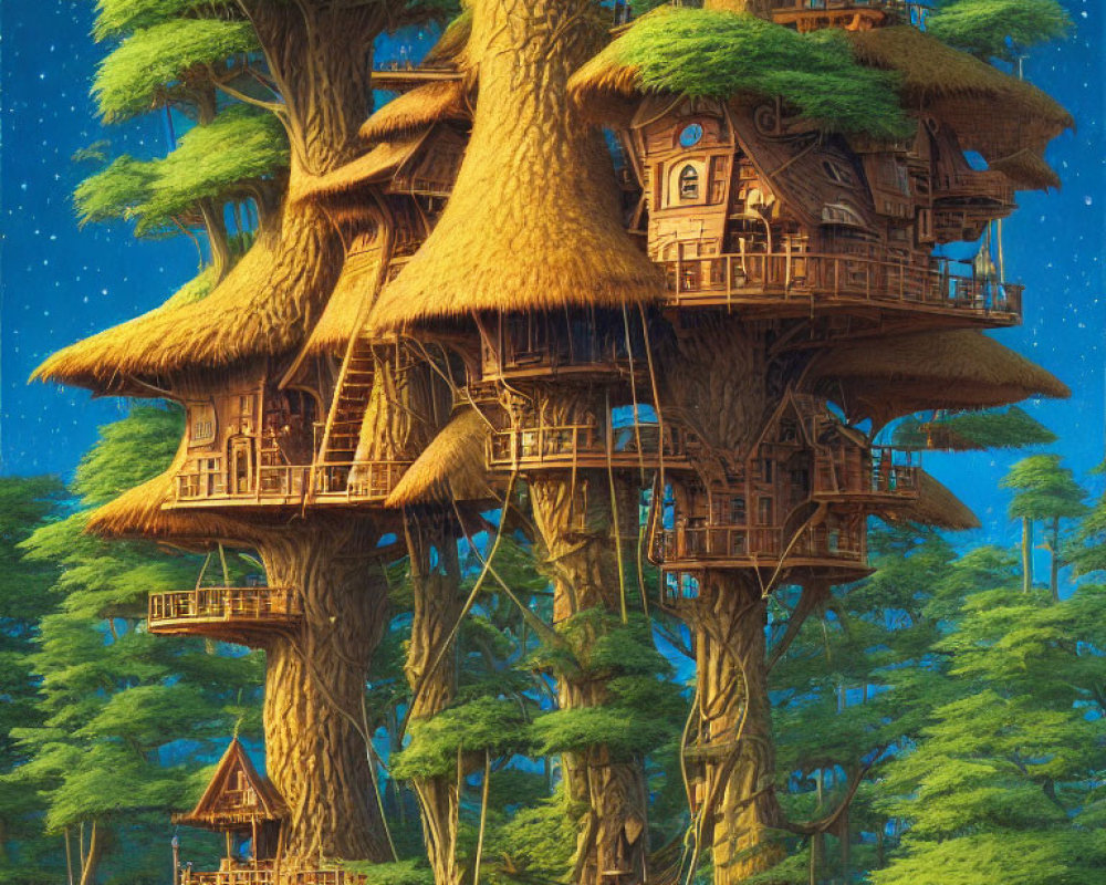 Intricate Wooden Treehouses in Starlit Forest