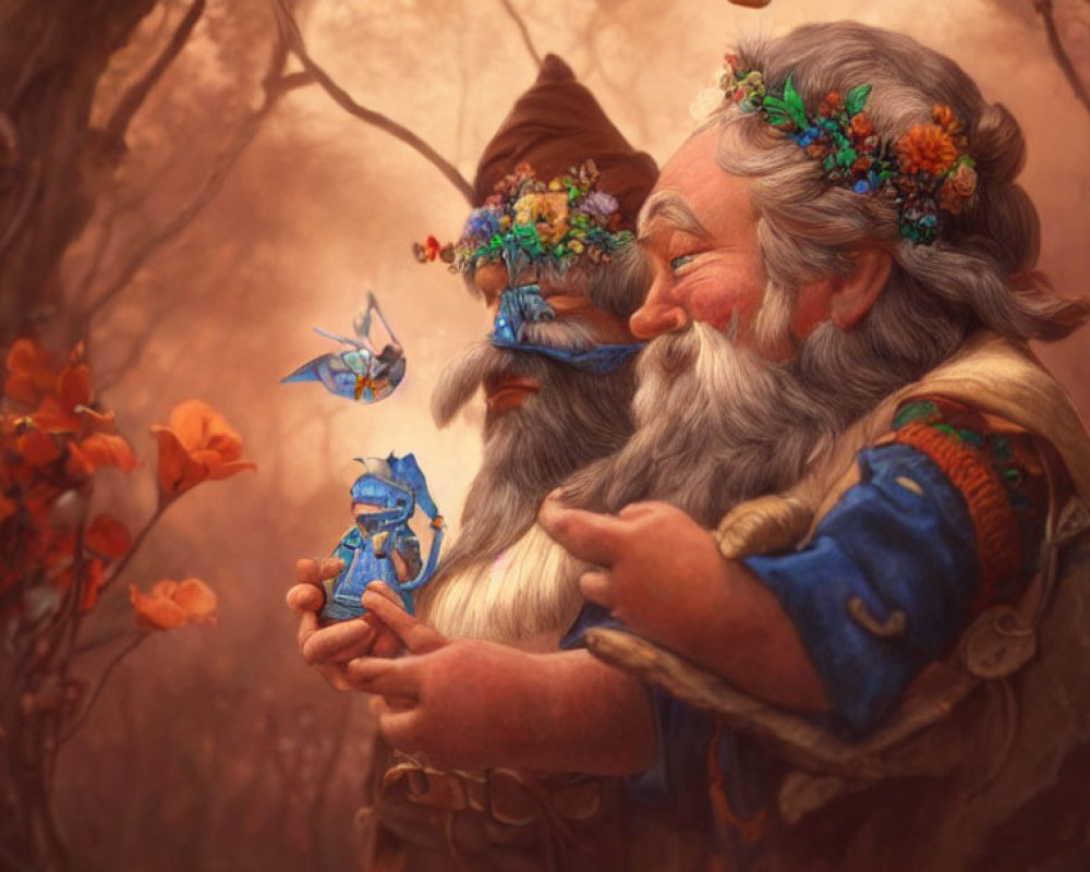 Elderly gnomes with beards and butterflies in autumn forest