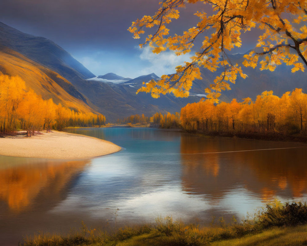 Scenic landscape with river, autumn trees, and mountains under dramatic sky