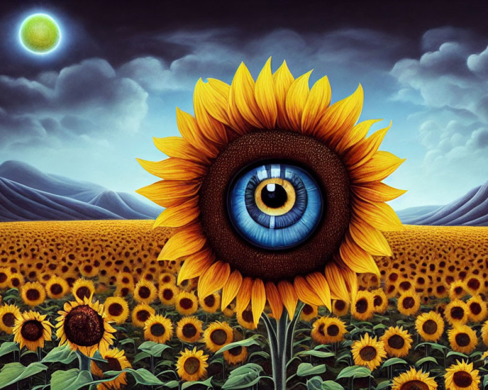 Surreal landscape with giant sunflower eye in sunflower field