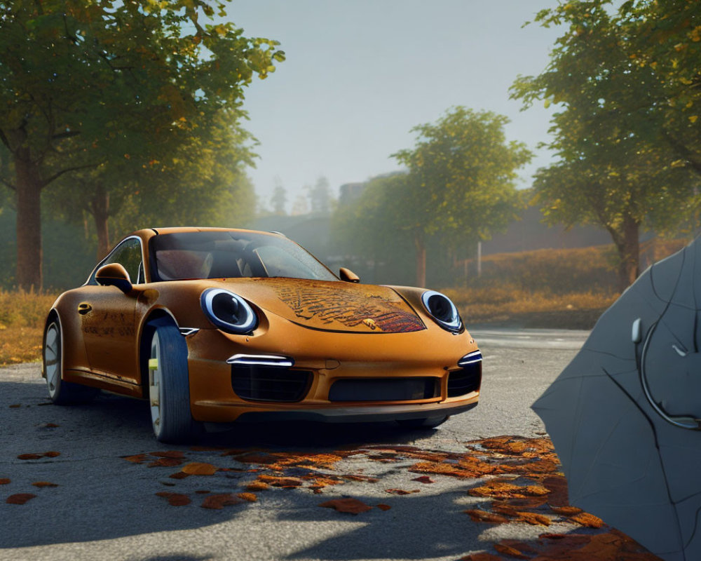 Golden Porsche 911 on Autumn Road with Trees and Sunlight