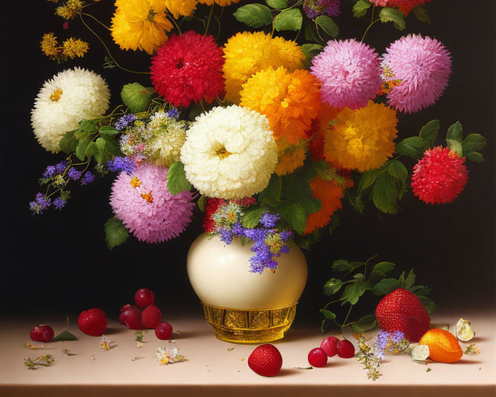 Colorful Flower Bouquet with Fruit on Table in White Vase