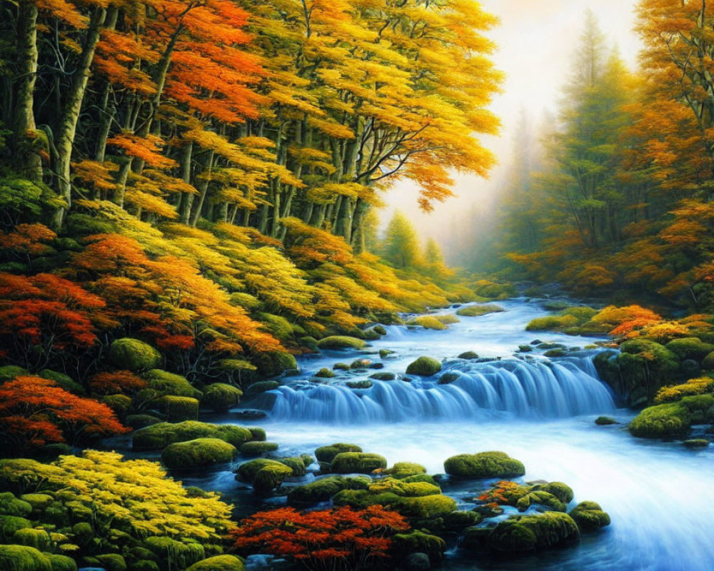 Tranquil Autumn Forest with Cascading Stream and Vibrant Trees