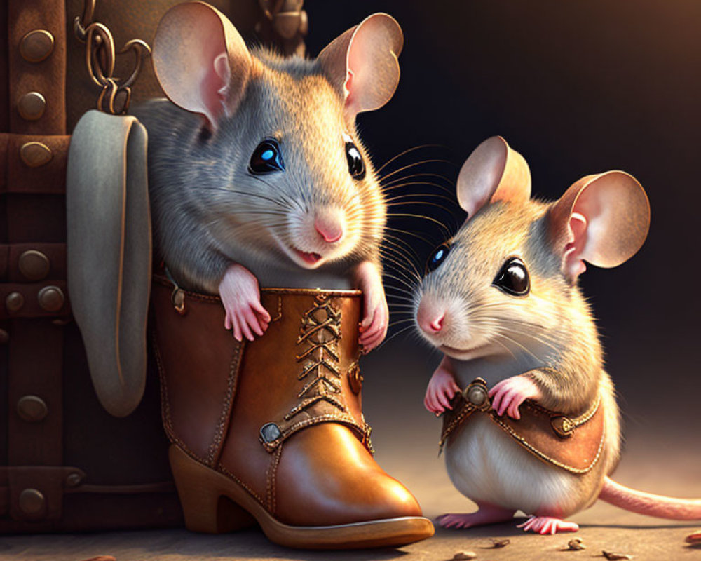 Animated mice with human-like features by a boot, bag, and sword in a seed-filled setting