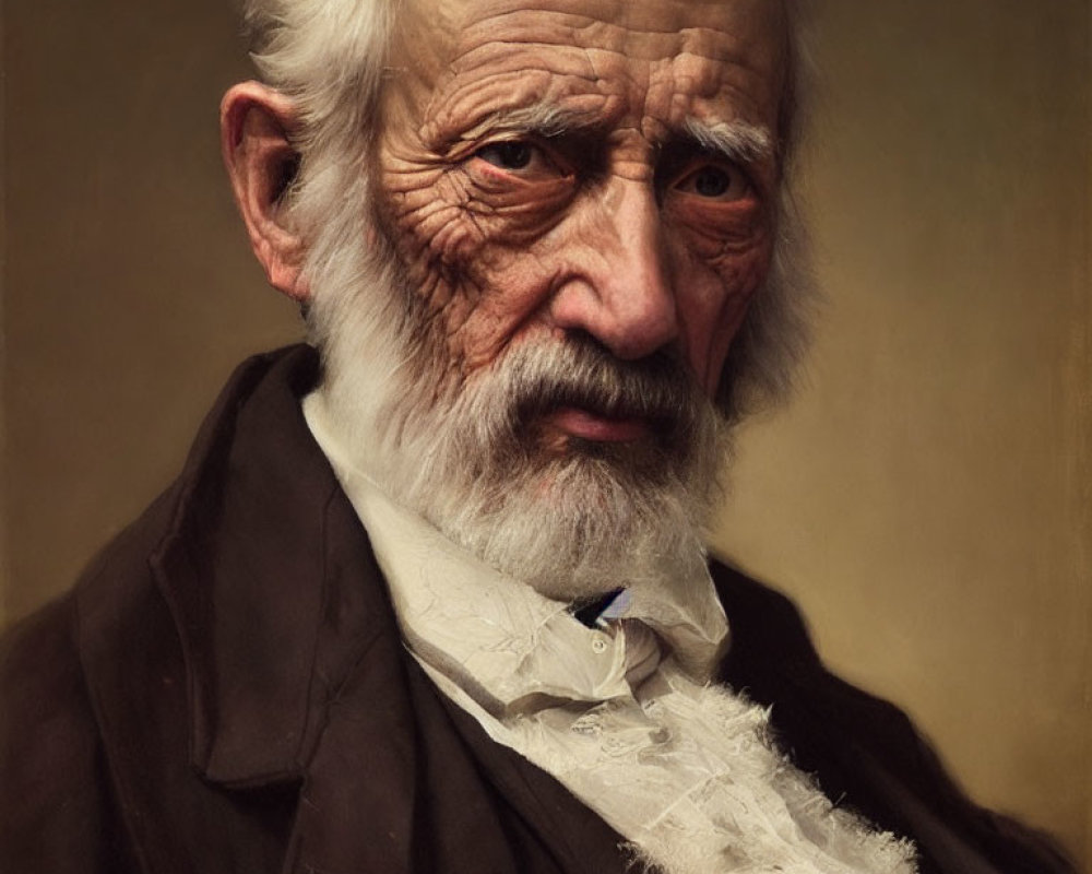 Elderly man with white beard and intense gaze in dark coat against neutral background