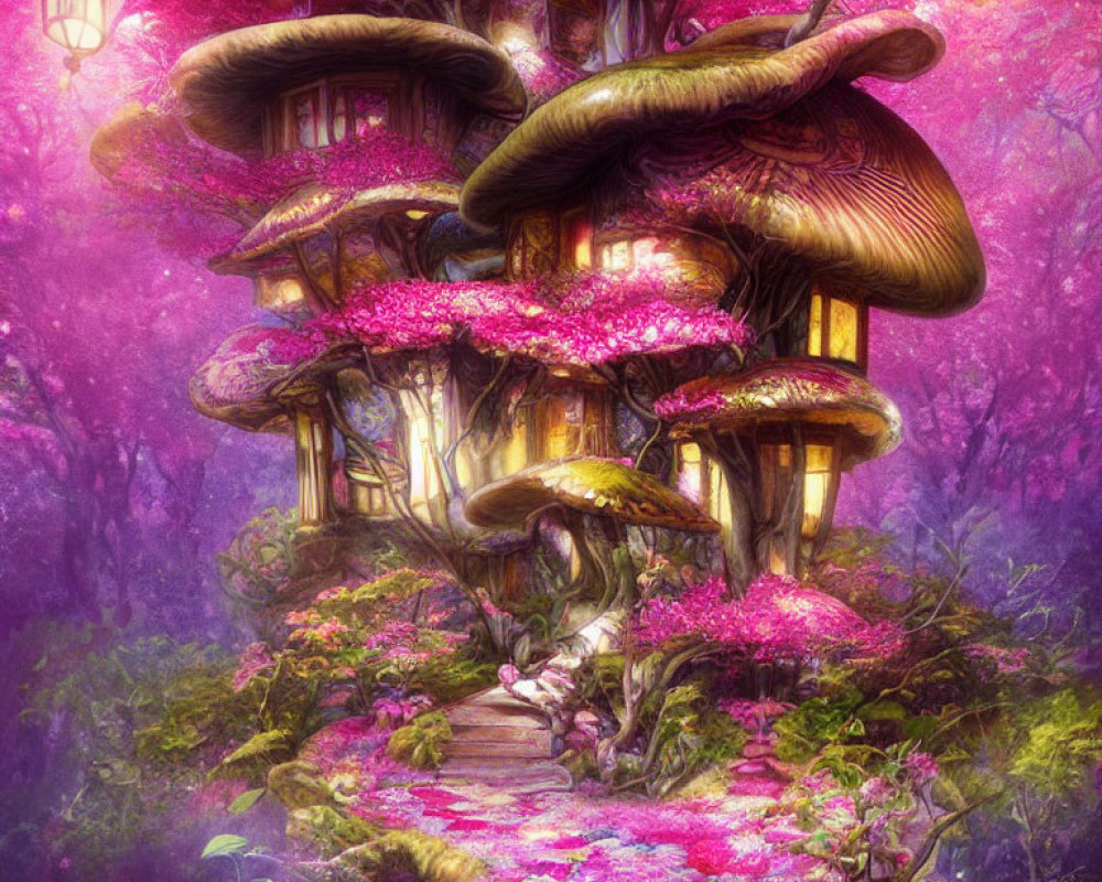 Fantastical mushroom-shaped house in pink foliage forest