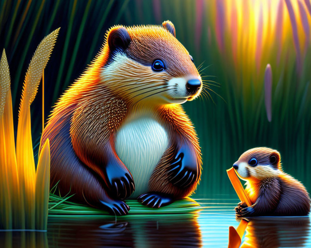 Colorful Sunset Scene with Large and Small Badgers in Tall Grasses