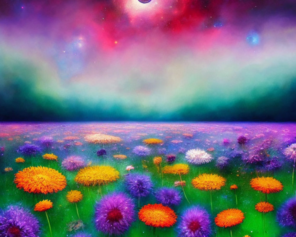 Colorful flowers in vibrant field under celestial sky with solar eclipse.