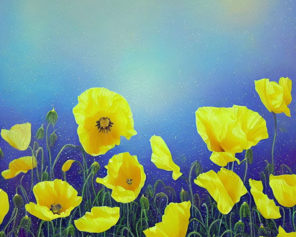 Vibrant painting of yellow poppies against textured blue sky